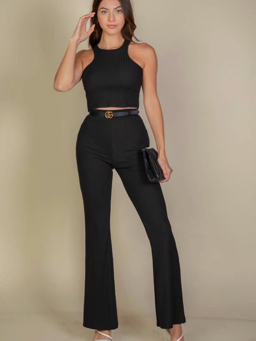High-Rise Black Ribbed Flare Pants — Sleek Everyday Style
